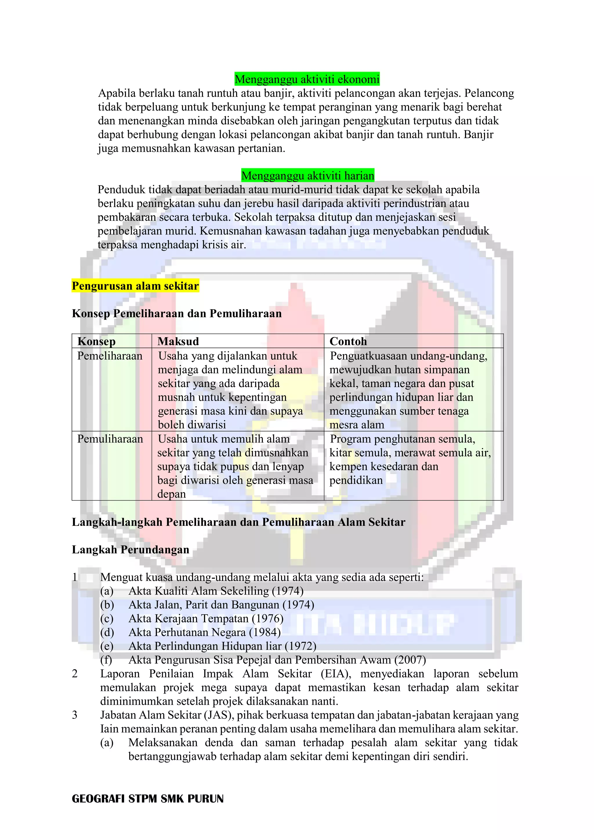 GEOGRAFI STPM SMK PURUN
Mengganggu aktiviti ekonomi
Apabila berlaku tanah runtuh atau banjir, aktiviti pelancongan akan terjejas. Pelancong
tidak berpeluang untuk berkunjung ke tempat peranginan yang menarik bagi berehat
dan menenangkan minda disebabkan oleh jaringan pengangkutan terputus dan tidak
dapat berhubung dengan lokasi pelancongan akibat banjir dan tanah runtuh. Banjir
juga memusnahkan kawasan pertanian.
Mengganggu aktiviti harian
Penduduk tidak dapat beriadah atau murid-murid tidak dapat ke sekolah apabila
berlaku peningkatan suhu dan jerebu hasil daripada aktiviti perindustrian atau
pembakaran secara terbuka. Sekolah terpaksa ditutup dan menjejaskan sesi
pembelajaran murid. Kemusnahan kawasan tadahan juga menyebabkan penduduk
terpaksa menghadapi krisis air.
Pengurusan alam sekitar
Konsep Pemeliharaan dan Pemuliharaan
Konsep Maksud Contoh
Pemeliharaan Usaha yang dijalankan untuk
menjaga dan melindungi alam
sekitar yang ada daripada
musnah untuk kepentingan
generasi masa kini dan supaya
boleh diwarisi
Penguatkuasaan undang-undang,
mewujudkan hutan simpanan
kekal, taman negara dan pusat
perlindungan hidupan liar dan
menggunakan sumber tenaga
mesra alam
Pemuliharaan Usaha untuk memulih alam
sekitar yang telah dimusnahkan
supaya tidak pupus dan lenyap
bagi diwarisi oleh generasi masa
depan
Program penghutanan semula,
kitar semula, merawat semula air,
kempen kesedaran dan
pendidikan
Langkah-langkah Pemeliharaan dan Pemuliharaan Alam Sekitar
Langkah Perundangan
1 Menguat kuasa undang-undang melalui akta yang sedia ada seperti:
(a) Akta Kualiti Alam Sekeliling (1974)
(b) Akta Jalan, Parit dan Bangunan (1974)
(c) Akta Kerajaan Tempatan (1976)
(d) Akta Perhutanan Negara (1984)
(e) Akta Perlindungan Hidupan liar (1972)
(f) Akta Pengurusan Sisa Pepejal dan Pembersihan Awam (2007)
2 Laporan Penilaian Impak Alam Sekitar (EIA), menyediakan laporan sebelum
memulakan projek mega supaya dapat memastikan kesan terhadap alam sekitar
diminimumkan setelah projek dilaksanakan nanti.
3 Jabatan Alam Sekitar (JAS), pihak berkuasa tempatan dan jabatan-jabatan kerajaan yang
Iain memainkan peranan penting dalam usaha memelihara dan memulihara alam sekitar.
(a) Melaksanakan denda dan saman terhadap pesalah alam sekitar yang tidak
bertanggungjawab terhadap alam sekitar demi kepentingan diri sendiri.
 