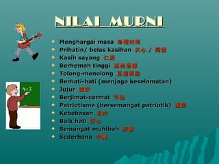 NILAI MURNI
?   Menghargai masa ϧʱ
?   Prihatin/ belas kasihan  / ͬ
?   Kasih sayang ʰ
?   Berhemah tinggi Ʒ
?   Tolong-menolong 
?   Berhati-hati (menjaga keselamatan)
?   Jujur ʵ
?   Berjimat-cermat ڼ
?   Patriotisme (bersemangat patriotik) 
?   Kebebasan 
?   Baik hati 
?   Semangat muhibah 
?   Sederhana ӹ
 
