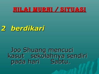 NILAI MURNI / SITUASI


2 berdikari


  Joo Shuang mencuci
 kasut sekolahnya sendiri
  pada hari  Sabtu.
 