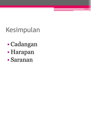 Kesimpulan 
• Cadangan 
• Harapan 
• Saranan 
 