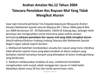 Arahan Amalan No.12 Tahun 2004
Tatacara Penolakan Kes Rayuan Mal Yang Tidak
Mengikut Aturan
Saya ingin menarik perhatian Y.A.A kepada keputusan Mesyuarat Arahan
Amalan Mahkamah Syariah seluruh Malaysia Bil 1 Tahun 2004 pada 8-9hb.
Jun 2004 bersamaan 19 - 20 Rabiulakhir, 1425H di Subang Jaya, Selangor telah
bersetuju dan mengesahkan untuk menerima pakai arahan amalan
berhubung tatacara penolakan kes rayuan mal yang tidak mengikut aturan
Akta/Enakmen/Ordinan Undang-Undang Tatacara Mal Mahkamah Syariah
Negeri-negeri adalah seperti berikut:-
1. Mahkamah bolehlah membatalkan sesuatu kes rayuan yang mana rekodnya
tidak dihantar seperti mana yang diperuntukkan di dalam seksyen yang
berkaitan setelah tamatnya tempoh yang ditetapkan di dalam UndangUndang
yang berkenaan.
2. Sebelum melaksanakan tindakan di atas, mahkamah hendaklah
mengeluarkan notis tunjuk sebab mengapa kes rayuan ini tidak boleh
dibatalkan dalam masa 30 hari dari tarikh penerimaan notis.
disediakan oleh SNJ
 