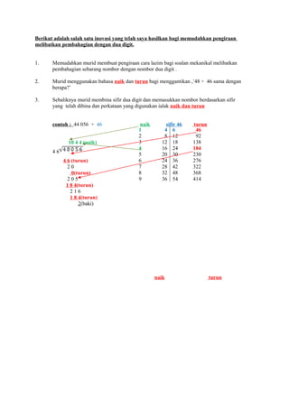 Berikut adalah salah satu inovasi yang telah saya hasilkan bagi memudahkan pengiraan
melibatkan pembahagian dengan dua digit.
1. Memudahkan murid membuat pengiraan cara lazim bagi soalan mekanikal melibatkan
pembahagian sebarang nombor dengan nombor dua digit .
2. Murid menggunakan bahasa naik dan turun bagi menggantikan ,’48 ÷ 46 sama dengan
berapa?’
3. Sebaliknya murid membina sifir dua digit dan memasukkan nombor berdasarkan sifir
yang telah dibina dan perkataan yang digunakan ialak naik dan turun
contoh : 44 056 ÷ 46 naik sifir 46 turun
10 4 4 (naik)
4 6
4 6 (turun)
2 0
0(turun)
2 0 5
1 8 4(turun)
2 1 6
1 8 4(turun)
2(baki)
naik turun
1 4 6 46
2 8 12 92
3 12 18 138
4 16 24 184
5 20 30 230
6 24 36 276
7 28 42 322
8 32 48 368
9 36 54 414
 