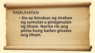BAHAGI NG LIHAM AT HALIMBAWA NG MGA BAHAGI NITO.pptx