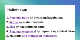 Halimbawa:
1. Ang mga puno ay biyaya ng kagubatan.
2. Si Jose ay mabait na bata.
3. Siya ay nagtanim ng puno.
4. Ang mga mag-aaral ay pupunta ng silid-aklatan.
5. Matamis ang mangga at mansanas.
 