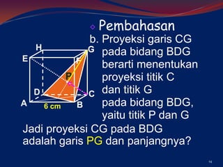 Pembahasan
b. Proyeksi garis CG
H
G pada bidang BDG
E
F
berarti menentukan
P
proyeksi titik C
D
C dan titik G
pada bidang BDG,
A
B
6 cm
yaitu titik P dan G
Jadi proyeksi CG pada BDG
adalah garis PG dan panjangnya?
14

 