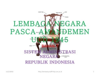 LEMBAGA NEGARA PASCA AMANDEMEN UUD 1945 BAHAN-7 SISTEM ADMINISTRASI NEGARA  REPUBLIK INDONESIA 11/1/2010 http://herwanp.staff.fisip.uns.ac.id 
