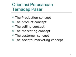 Orientasi Perusahaan Terhadap Pasar The Production concept The product concept The selling concept The marketing concept The customer concept The societal marketing concept 