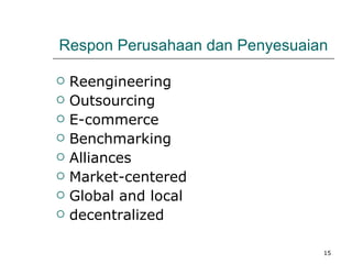 Respon Perusahaan dan Penyesuaian Reengineering Outsourcing E-commerce Benchmarking Alliances Market-centered Global and local decentralized  