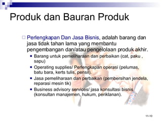 Produk   dan Bauran Produk Perlengkapan Dan Jasa Bisnis , adalah barang dan jasa tidak tahan lama yang membantu pengembangan dan/atau pengelolaan produk akhir. Barang untuk pemeliharaan dan perbaikan (cat, paku , sapu) Operating supplies/ Perlengkapan operasi (pelumas, batu bara, kerts tulis, pensil). Jasa pemeliharaan dan perbaikan (pembersihan jendela, reparasi mesin tik) Business advisory services/ jasa konsultasi bisnis (konsultan manajemen, hukum, periklanan). 