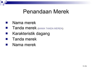 Penandaan Merek Nama merek Tanda merek  ( NAMA TANDA MEREK ) Karakteristik dagang Tanda merek Nama merek 