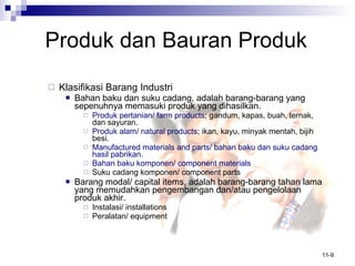 Produk   dan Bauran Produk Klasifikasi Barang Industri Bahan baku dan suku cadang, adalah barang-barang yang sepenuhnya memasuki produk yang dihasilkan.  Produk pertanian/ farm products ; gandum, kapas, buah, ternak, dan sayuran. Produk alam/ natural products ; ikan, kayu, minyak mentah, bijih besi. Manufactured materials and parts/ bahan baku dan suku cadang hasil pabrikan . Bahan baku komponen/ component materials Suku cadang komponen/ component parts Barang modal/ capital items, adalah barang-barang tahan lama yang memudahkan pengembangan dan/atau pengelolaan produk akhir. Instalasi/ installations Peralatan/ equipment 