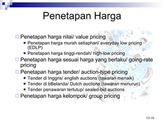 Penetapan Harga Penetapan harga nilai/ value pricing Penetapan harga murah setiaphari/ everyday low pricing (EDLP) Penetapan harga tinggi-rendah/ high-low pricing Penetapan harga sesuai harga yang berlaku/ going-rate pricing Penetapan harga tender/ auction-type pricing Tender di Inggris/ english auctions (tawaran menaik) Tender di bBelanda/ Dutch auctions (tawaran menurun) Tender penawaran tertutup/ sealed-bid auctions Penetapan harga kelompok/ group pricing 