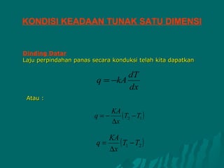 KONDISI KEADAAN TUNAK SATU DIMENSI


Dinding Datar
Laju perpindahan panas secara konduksi telah kita dapatkan

                                dT
                        q = −kA
                                dx
 Atau :

                              KA
                        q=−      ( T2 − T1 )
                              ∆x

                           KA
                        q=    ( T1 − T2 )
                           ∆x
 