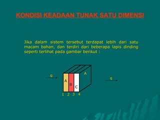 KONDISI KEADAAN TUNAK SATU DIMENSI



  Jika dalam sistem tersebut terdapat lebih dari satu
  macam bahan, dan terdiri dari beberapa lapis dinding
  seperti terlihat pada gambar berikut :




                                A
             q
                                         q
                    A
                        B
                            C

                   1 2 3 4
 