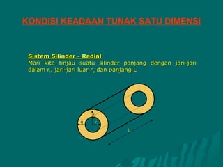 KONDISI KEADAAN TUNAK SATU DIMENSI


 Sistem Silinder - Radial
 Mari kita tinjau suatu silinder panjang dengan jari-jari
 dalam ri, jari-jari luar ro dan panjang L




                      ro
                  q    ri

                                  L
 