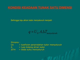 KONDISI KEADAAN TUNAK SATU DIMENSI


 Sehingga laju aliran kalor menyeluruh menjadi:




                    q = U 0 . A.∆ Tmenyeluruh

 Dimana :
 Uo    = koefisien perpindahan kalor menyeluruh
 A     = luas bidang aliran kalor
 ΔTm   = beda suhu menyeluruh
 
