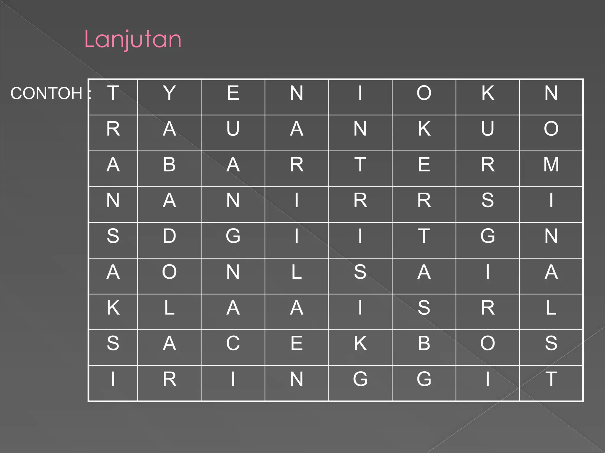 Lanjutan
CONTOH : T Y E N I O K N
R A U A N K U O
A B A R T E R M
N A N I R R S I
S D G I I T G N
A O N L S A I A
K L A A I S R L
S A C E K B O S
I R I N G G I T
 
