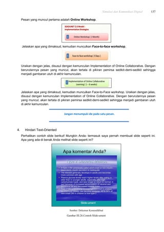 Simulasi dan Komunikasi Digital 137
Pesan yang muncul pertama adalah Online Workshop.
Jelaskan apa yang dimaksud, kemudian munculkan Face-to-face workshop.
Uraikan dengan jelas, disusul dengan kemunculan Implementation of Online Collaborative. Dengan
berurutannya pesan yang muncul, akan tertata di pikiran pemirsa sedikit-demi-sedikit sehingga
menjadi gambaran utuh di akhir kemunculan.
Jelaskan apa yang dimaksud, kemudian munculkan Face-to-Face workshop. Uraikan dengan jelas,
disusul dengan kemunculan Implementation of Online Collaborative. Dengan berurutannya pesan
yang muncul, akan tertata di pikiran pemirsa sedikit-demi-sedikit sehingga menjadi gambaran utuh
di akhir kemunculan.
4. Hindari Text-Oriented
Perhatikan contoh slide berikut! Mungkin Anda- termasuk saya pernah membuat slide seperti ini.
Apa yang ada di benak Anda melihat slide seperti ini?
Sumber: Dokumen Kemendikbud
Gambar III.26.Contoh Slide-ument
Jangan menumpuk ide pada satu pesan.
 