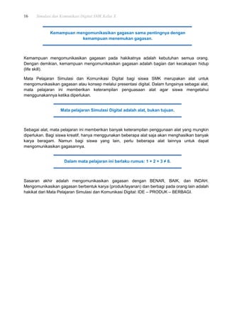 16 Simulasi dan Komunikasi Digital SMK Kelas X
Kemampuan mengomunikasikan gagasan pada hakikatnya adalah kebutuhan semua orang.
Dengan demikian, kemampuan mengomunikasikan gagasan adalah bagian dari kecakapan hidup
(life skill).
Mata Pelajaran Simulasi dan Komunikasi Digital bagi siswa SMK merupakan alat untuk
mengomunikasikan gagasan atau konsep melalui presentasi digital. Dalam fungsinya sebagai alat,
mata pelajaran ini memberikan keterampilan penguasaan alat agar siswa mengetahui
menggunakannya ketika diperlukan.
Sebagai alat, mata pelajaran ini memberikan banyak keterampilan penggunaan alat yang mungkin
diperlukan. Bagi siswa kreatif, hanya menggunakan beberapa alat saja akan menghasilkan banyak
karya beragam. Namun bagi siswa yang lain, perlu beberapa alat lainnya untuk dapat
mengomunikasikan gagasannya.
Sasaran akhir adalah mengomunikasikan gagasan dengan BENAR, BAIK, dan INDAH.
Mengomunikasikan gagasan berbentuk karya (produk/layanan) dan berbagi pada orang lain adalah
hakikat dari Mata Pelajaran Simulasi dan Komunikasi Digital: IDE – PRODUK – BERBAGI.
Kemampuan mengomunikasikan gagasan sama pentingnya dengan
kemampuan menemukan gagasan.
Mata pelajaran Simulasi Digital adalah alat, bukan tujuan.
Dalam mata pelajaran ini berlaku rumus: 1 + 2 + 3 ≠ 6.
 