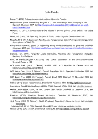 Simulasi dan Komunikasi Digital 177
Daftar Pustaka
Buzan, T. (2007). Buku pintar peta minda. Jakarta: Gramedia Pustaka
Margiono abdil. (2013, 12 Februari). Program PLC Untuk Traffick Light Jalan 4 Simpang 2 Jalur.
Diperoleh 09 Januari 2017, dari http://margionoabdil.blogspot.co.id/2013/02/program-plc-untuk-
mengoperasikan.html
Michalko, M. (2011). Cracking creativity the secrets of creative genius. United States: Ten Speed
Press.
Mears, AG. (1953). The Right Way To Speak in Public. United Kingdom: Emerson Books.Inc
Nugraha, H. C. (2012). Logika dan Algoritma, dan Penggunaanya Dalam Pemrograman Menggunakan
Java. Jakarta: SEAMOLEC.
Resep masakan terbaru. (2015, 07 Nopember). Resep membuat chocolate ala good time. Diperoleh
03 Januari 2017, dari http://resepmasakterbaru.com/resep-cara-membuat-chocolate-chips-cookies-
ala-good-time.html
Sismoro, Heri. (2005). Pengantar Logika Informatika, Algoritma, dan Pemrograman Komputer.
Bandung: Andi Publisher.
Felix, M. and Woudhuysen, H. R. (2010). The Oxford Companion to the Book Oxford: Oxford
University Press, p. 164.
GCF Learn Free. (2015, 7 Oktober). Tutorial: Word 2013. Diperoleh 08 Oktober 2016 dari
http://www.gcflearnfree.org/word2013/
GCF Learn Free. (2015, 7 Oktober). Tutorial: PowerPoint 2013. Diperoleh 25 Oktober 2016 dari
http://www.gcflearnfree.org/powerpoint2013/
GCF Learn Free. (2015, 26 Februari). Tutorial: Excel 2013. Diperoleh 11 November 2016 dari
http://www.gcflearnfree.org/excel2013/
Gitden. (2014). Gitden Reader manual. Diperoleh 08 November 2016, dari http://gitden.com/manual/
International Digital Publishing Forum. (2011). EPUB. Diperoleh 17 Mei 2013, dari http://idpf.org/epub
Manual.Calibre-ebook. (2014, 13 Mei). Calibre User Manual. Diperoleh 06 Desember 2016, dari
http://manual.calibre-ebook.com/
Readium. (2013). Readium Project Information. Diperoleh 11 November 2016, dari
http://readium.org/about/readium-projects-information
Sigil Ebook. (2016, 30 Oktober). Sigil-0.97 relased. Diperoleh 23 November 2016, dari http://sigil-
ebook.com/
Nulisbuku FAQ (2014). FAQ. Diperoleh 05 Juni 2013, dari http://www.nulisbuku.com/faq
Qbaca. (2016). Buku Sekolah. Diperoleh 28 Maret 2013, dari http://qbaca.com/cpath/buku-sekolah
 