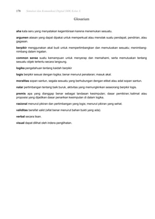 178 Simulasi dan Komunikasi Digital SMK Kelas X
Glosarium
aha kata seru yang menyatakan kegembiraan karena menemukan sesuatu.
argumen alasan yang dapat dipakai untuk memperkuat atau menolak suatu pendapat, pendirian, atau
gagasan.
berpikir menggunakan akal budi untuk mempertimbangkan dan memutuskan sesuatu; menimbang-
nimbang dalam ingatan.
common sense suatu kemampuan untuk menyerap dan memahami, serta memutuskan tentang
sesuatu objek tertentu secara langsung.
logika pengetahuan tentang kaidah berpikir
logis berpikir sesuai dengan logika; benar menurut penalaran; masuk akal.
moralitas sopan santun, segala sesuatu yang berhubungan dengan etiket atau adat sopan santun.
nalar pertimbangan tentang baik buruk, aktivitas yang memungkinkan seseorang berpikir logis.
premis apa yang dianggap benar sebagai landasan kesimpulan; dasar pemikiran; kalimat atau
proposisi yang dijadikan dasar penarikan kesimpulan di dalam logika.
rasional menurut pikiran dan pertimbangan yang logis; menurut pikiran yang sehat.
validitas bersifat valid (sifat benar menurut bahan bukti yang ada).
verbal secara lisan.
visual dapat dilihat oleh indera penglihatan.
 