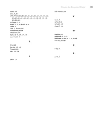 Simulasi dan Komunikasi Digital 181
skala, 104
skor, 89, 90
slide, 77, 112, 113, 114, 115, 116, 117, 118, 119, 120, 121, 122,
123, 125, 126, 127, 128, 129, 130, 131, 132, 133, 134, 136,
137, 138, 139
software, 29, 32
spasi, 33, 39, 43, 44, 45, 74, 84
Spasi, 44
Split, 51, 93, 120, 157
spreadsheet, 64, 68
storyboard, 130
Styles, 72, 73, 100, 107, 116
supermarket, 35
T
timer, 21
transisi, 120, 126
Transisi, 120
tren, 102, 108
U
Undo, 111
user interface, 13
V
valuta, 35
variabel, 21
verbal, 7, 135
visual, 7, 135
W
weekdays, 35
workbook, 69, 70, 77
worksheet, 65, 69, 71, 77, 84, 93, 94
workshop, 54, 132
X
x-ray, 27
Z
ziarah, 34
 
