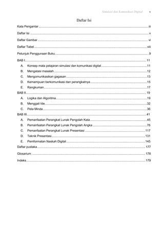 Simulasi dan Komunikasi Digital v
Daftar Isi
Kata Pengantar................................................................................................................................iii
Daftar Isi .......................................................................................................................................... v
Daftar Gambar ................................................................................................................................ vi
Daftar Tabel ...................................................................................................................................viii
Petunjuk Penggunaan Buku.............................................................................................................9
BAB I............................................................................................................................................. 11
A. Konsep mata pelajaran simulasi dan komunikasi digital .....................................................11
B. Mengatasi masalah ............................................................................................................12
C. Mengomunikasikan gagasan..............................................................................................13
D. Kemampuan berkomunikasi dan perangkatnya..................................................................15
E. Rangkuman........................................................................................................................17
BAB II............................................................................................................................................ 19
A. Logika dan Algoritma..........................................................................................................19
B. Menggali Ide.......................................................................................................................32
C. Peta Minda.........................................................................................................................36
BAB III........................................................................................................................................... 41
A. Pemanfaatan Perangkat Lunak Pengolah Kata..................................................................45
B. Pemanfaatan Perangkat Lunak Pengolah Angka ...............................................................76
C. Pemanfaatan Perangkat Lunak Presentasi ......................................................................117
D. Teknik Presentasi.............................................................................................................131
E. Pemformatan Naskah Digital............................................................................................145
Daftar pustaka..............................................................................................................................177
Glosarium ....................................................................................................................................178
Indeks ..........................................................................................................................................179
 