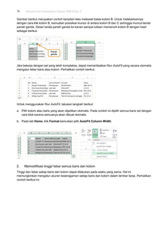 78 Simulasi dan Komunikasi Digital SMK Kelas X
Gambar berikut merupakan contoh tampilan teks melewati batas kolom B. Untuk melebarkannya
dengan cara klik kolom B, kemudian posisikan kursor di antara kolom B dan C sehingga muncul tanda
panah ganda. Geser tanda panah ganda ke kanan sampai tulisan memenuhi kolom B dengan hasil
sebagai berikut.
Jika bekerja dengan sel yang lebih komplekss, dapat memanfaatkan fitur AutoFit yang secara otomatis
mengatur lebar baris atau kolom. Perhatikan contoh berikut.
Untuk menggunakan fitur AutoFit, lakukan langkah berikut.
a. Pilih kolom atau baris yang akan dijadikan otomatis. Pada contoh ini dipilih semua baris sel dengan
cara blok karena semuanya akan dibuat otomatis.
b. Pada tab Home, klik Format kemudian pilih AutoFit Column Width.
2. Memodifikasi tinggi/ lebar semua baris dan kolom
Tinggi dan lebar setiap baris dan kolom dapat dilakukan pada waktu yang sama. Hal ini
memungkinkan mengatur ukuran keseragaman setiap baris dan kolom dalam lembar kerja. Perhatikan
contoh berikut ini.
 