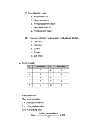 9) Fungsi hardisk, yaitu…
a. Menyimpan data
b. Menyimpan daya
c. Mempercepat kerja BIOS
d. Memperjelas display
e. Mempertajam display
10) Frekuensi kerja BUS yang ada pada motherboard disebut…
a. CPU Clock
b. Multiplier
c. CD-RW
d. Jumper
e. BUS Clock
2. Kunci Jawaban
NO JAWABAN NO JAWABAN
1 D 6 B
2 B 7 C
3 A 8 E
4 D 9 A
5 C 10 E
3. Rubrik Penilaian
Skor untuk penilaian :
1 = untuk jawaban benar
0 = untuk jawaban salah
Cara menghitung nilai:
Nilai =
Jumlah jawaban benar
X 100
10
 