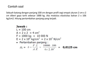 Contoh soal
Sebuah batang dengan panjang 100 cm dengan profil segi empat ukuran 2 cm x 2
cm diberi gaya tarik sebesar 1000 kg. Jika modulus elastisitas bahan 2 x 106
kg/cm2. Hitung pertambahan panjang yang terjadi.
 