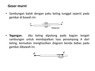 Geser murni
• Sambungan balok dengan paku keling tunggal seperti pada
gambar di bawah ini:
• Tegangan. Jika keling dipotong pada bagian tengah
sambungan untuk mendapatkan luas penampang A dari
keling, kemudian menghasilkan diagram benda bebas pada
gambar dibawah ini.
 