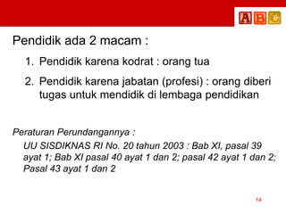 Pendidik ada 2 macam :
1. Pendidik karena kodrat : orang tua
2. Pendidik karena jabatan (profesi) : orang diberi
tugas untuk mendidik di lembaga pendidikan
Peraturan Perundangannya :
UU SISDIKNAS RI No. 20 tahun 2003 : Bab XI, pasal 39
ayat 1; Bab XI pasal 40 ayat 1 dan 2; pasal 42 ayat 1 dan 2;
Pasal 43 ayat 1 dan 2
14
 