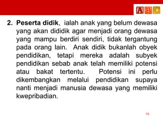 2. Peserta didik, ialah anak yang belum dewasa
yang akan dididik agar menjadi orang dewasa
yang mampu berdiri sendiri, tidak tergantung
pada orang lain. Anak didik bukanlah obyek
pendidikan, tetapi mereka adalah subyek
pendidikan sebab anak telah memiliki potensi
atau bakat tertentu. Potensi ini perlu
dikembangkan melalui pendidikan supaya
nanti menjadi manusia dewasa yang memiliki
kwepribadian.
15
 