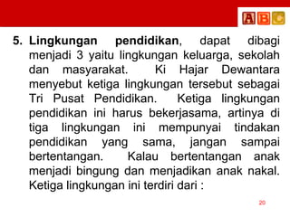 5. Lingkungan pendidikan, dapat dibagi
menjadi 3 yaitu lingkungan keluarga, sekolah
dan masyarakat. Ki Hajar Dewantara
menyebut ketiga lingkungan tersebut sebagai
Tri Pusat Pendidikan. Ketiga lingkungan
pendidikan ini harus bekerjasama, artinya di
tiga lingkungan ini mempunyai tindakan
pendidikan yang sama, jangan sampai
bertentangan. Kalau bertentangan anak
menjadi bingung dan menjadikan anak nakal.
Ketiga lingkungan ini terdiri dari :
20
 