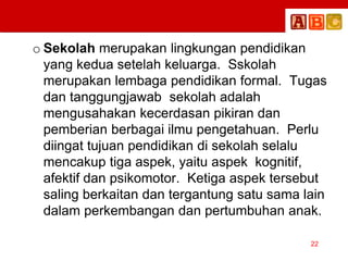 o Sekolah merupakan lingkungan pendidikan
yang kedua setelah keluarga. Sskolah
merupakan lembaga pendidikan formal. Tugas
dan tanggungjawab sekolah adalah
mengusahakan kecerdasan pikiran dan
pemberian berbagai ilmu pengetahuan. Perlu
diingat tujuan pendidikan di sekolah selalu
mencakup tiga aspek, yaitu aspek kognitif,
afektif dan psikomotor. Ketiga aspek tersebut
saling berkaitan dan tergantung satu sama lain
dalam perkembangan dan pertumbuhan anak.
22
 