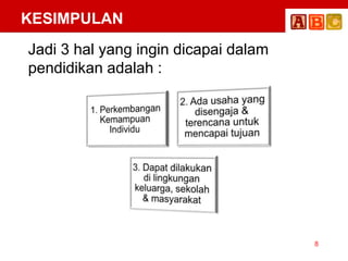 KESIMPULAN
8
Jadi 3 hal yang ingin dicapai dalam
pendidikan adalah :
 