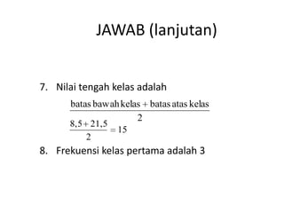 JAWAB (lanjutan)


7. Nilai tengah kelas adalah
      batas bawah kelas batas atas kelas
                      2
      8,5 21,5
                 15
          2
8. Frekuensi kelas pertama adalah 3
 