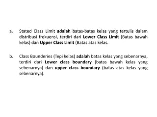 a.   Stated Class Limit adalah batas-batas kelas yang tertulis dalam
     distribusi frekuensi, terdiri dari Lower Class Limit (Batas bawah
     kelas) dan Upper Class Limit (Batas atas kelas.

b.   Class Bounderies (Tepi kelas) adalah batas kelas yang sebenarnya,
     terdiri dari Lower class boundary (batas bawah kelas yang
     sebenarnya) dan upper class boundary (batas atas kelas yang
     sebenarnya).
 