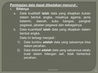 Pembagian data dapat dibedakan menurut :
1.   Sifatnya
   a. Data kualitatif ialah data yang disajikan bukan
        dalam bentuk angka, misalnya agama, jenis
        kelamin, daerah, suku bangsa, pangkat
        pegawai, jabatan pegawai dan sebagainya.
   b. Data kuantitatif ialah data yang disajikan dalam
        bentuk angka.
        Data ini terbagi menjadi :
     1) Data kontinu adalah data yang satuannya bisa
           dalam pecahan.
     2) Data diskret adalah data yang satuannya selalu
           bulat dalam bilangan asli, tidak berbentuk
           pecahan,


                         pendahuluan
                                                         5
 