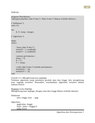 Algoritma dan Pemrograman 1
19
PASCAL:
program Pertukaran;
{ Mempertukarkan nilai X dan Y. Nilai X dan Y dibaca terlebih dahulu }
(* Deklarasi *)
uses crt;
var
X, Y, temp : integer;
(* Algoritma *)
begin
clrscr;
{ baca nilai X dan Y }
write('X = '); readln(X);
write('Y = '); readln(Y);
{ proses pertukaran }
temp := X;
X := Y;
Y := temp;
{ tulis nilai X dan Y setelah pertukaran }
writeln('X = ',X);
writeln('Y = ',Y);
end.
Contoh 4.3. (Menghitung luas segitiga)
Tuliskan algoritma yang membaca peubah alas dan tinggi, lalu menghitung
luas segitiga tersebut. Kemudian translasikan algoritma tersebut dalam
bahasa Pascal.
Program Luas_Segitiga
{Menghitung luas segitiga, dengan alas dan tinggi dibaca terlebih dahulu}
Deklarasi
alas, tinggi, luas : real
Algoritma:
read (alas, tinggi)
luas (alas * tinggi)/2
write (luas)
 