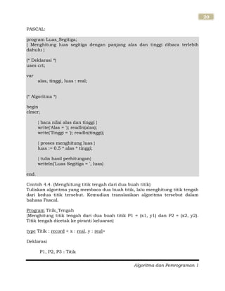 Algoritma dan Pemrograman 1
20
PASCAL:
program Luas_Segitiga;
{ Menghitung luas segitiga dengan panjang alas dan tinggi dibaca terlebih
dahulu }
(* Deklarasi *)
uses crt;
var
alas, tinggi, luas : real;
(* Algoritma *)
begin
clrscr;
{ baca nilai alas dan tinggi }
write('Alas = '); readln(alas);
write('Tinggi = '); readln(tinggi);
{ proses menghitung luas }
luas := 0.5 * alas * tinggi;
{ tulis hasil perhitungan}
writeln('Luas Segitiga = ', luas)
end.
Contoh 4.4. (Menghitung titik tengah dari dua buah titik)
Tuliskan algoritma yang membaca dua buah titik, lalu menghitung titik tengah
dari kedua titik tersebut. Kemudian translasikan algoritma tersebut dalam
bahasa Pascal.
Program Titik_Tengah
{Menghitung titik tengah dari dua buah titik P1 = (x1, y1) dan P2 = (x2, y2).
Titik tengah dicetak ke piranti keluaran}
type Titik : record < x : real, y : real>
Deklarasi
P1, P2, P3 : Titik
 