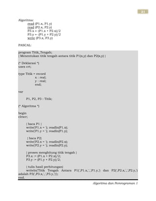 Algoritma dan Pemrograman 1
21
Algoritma:
read (P1.x, P1.y)
read (P2.x, P2.y)
P3.x (P1.x + P2.x)/2
P3.y (P1.y + P2.y)/2
write (P3.x, P3.y)
PASCAL:
program Titik_Tengah;
{ Menentukan titik tengah antara titik P1(x,y) dan P2(x,y) }
(* Deklarasi *)
uses crt;
type Titik = record
x : real;
y : real;
end;
var
P1, P2, P3 : Titik;
(* Algoritma *)
begin
clrscr;
{ baca P1 }
write('P1.x = '); readln(P1.x);
write('P1.y = '); readln(P1.y);
{ baca P2}
write('P2.x = '); readln(P2.x);
write('P2.y = '); readln(P2.y);
{ proses menghitung titik tengah }
P3.x := (P1.x + P2.x)/2;
P3.y := (P1.y + P2.y)/2;
{ tulis hasil perhitungan}
writeln('Titik Tengah Antara P1(',P1.x,',',P1.y,') dan P2(',P2.x,',',P2.y,')
adalah P3(',P3.x,',',P3.y,')');
end.
 