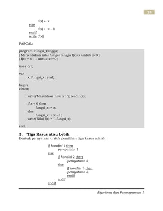Algoritma dan Pemrograman 1
28
f(x) x
else
f(x) x - 1
endif
write (f(x))
PASCAL:
program Fungsi_Tangga;
{ Menentukan nilai fungsi tangga f(x)=x untuk x<0 }
{ f(x) = x - 1 untuk x>=0 }
uses crt;
var
x, fungsi_x : real;
begin
clrscr;
write('Masukkan nilai x : '); readln(x);
if x < 0 then
fungsi_x := x
else
fungsi_x := x - 1;
write('Nilai f(x) = ', fungsi_x);
end.
3. Tiga Kasus atau Lebih
Bentuk pernyataan untuk pemilihan tiga kasus adalah:
if kondisi 1 then
pernyataan 1
else
if kondisi 2 then
pernyataan 2
else
if kondisi 3 then
pernyataan 3
endif
endif
endif
 