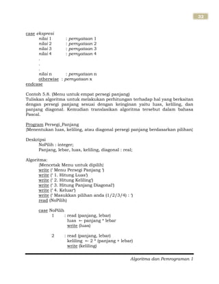 Algoritma dan Pemrograman 1
32
case ekspresi
nilai 1 : pernyataan 1
nilai 2 : pernyataan 2
nilai 3 : pernyataan 3
nilai 4 : pernyataan 4
.
.
.
nilai n : pernyataan n
otherwise : pernyataan x
endcase
Contoh 5.8. (Menu untuk empat persegi panjang)
Tuliskan algoritma untuk melakukan perhitungan terhadap hal yang berkaitan
dengan persegi panjang sesuai dengan keinginan yaitu luas, keliling, dan
panjang diagonal. Kemudian translasikan algoritma tersebut dalam bahasa
Pascal.
Program Persegi_Panjang
{Menentukan luas, keliling, atau diagonal persegi panjang berdasarkan pilihan}
Deskripsi
NoPilih : integer;
Panjang, lebar, luas, keliling, diagonal : real;
Algoritma:
{Mencetak Menu untuk dipilih}
write („ Menu Persegi Panjang „)
write („ 1. Hitung Luas„)
write („ 2. Hitung Keliling„)
write („ 3. Hitung Panjang Diagonal„)
write („ 4. Keluar„)
write („ Masukkan pilihan anda (1/2/3/4) : „)
read (NoPilih)
case NoPilih
1 : read (panjang, lebar)
luas panjang * lebar
write (luas)
2 : read (panjang, lebar)
keliling 2 * (panjang + lebar)
write (keliling)
 
