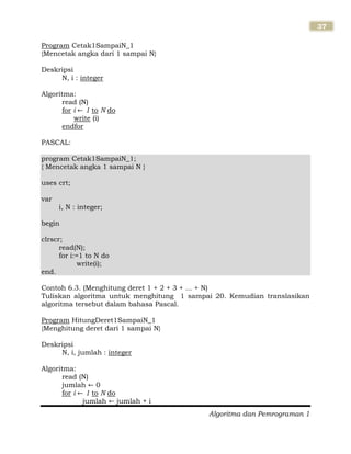 Algoritma dan Pemrograman 1
37
Program Cetak1SampaiN_1
{Mencetak angka dari 1 sampai N}
Deskripsi
N, i : integer
Algoritma:
read (N)
for i 1 to N do
write (i)
endfor
PASCAL:
program Cetak1SampaiN_1;
{ Mencetak angka 1 sampai N }
uses crt;
var
i, N : integer;
begin
clrscr;
read(N);
for i:=1 to N do
write(i);
end.
Contoh 6.3. (Menghitung deret 1 + 2 + 3 + ... + N)
Tuliskan algoritma untuk menghitung 1 sampai 20. Kemudian translasikan
algoritma tersebut dalam bahasa Pascal.
Program HitungDeret1SampaiN_1
{Menghitung deret dari 1 sampai N}
Deskripsi
N, i, jumlah : integer
Algoritma:
read (N)
jumlah 0
for i 1 to N do
jumlah jumlah + i
 