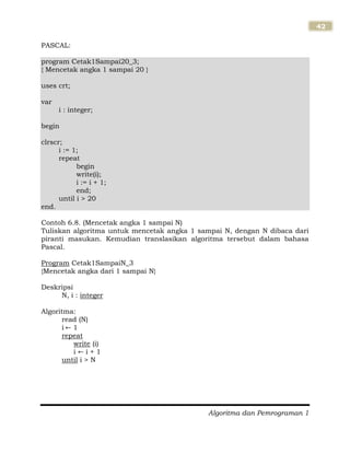 Algoritma dan Pemrograman 1
42
PASCAL:
program Cetak1Sampai20_3;
{ Mencetak angka 1 sampai 20 }
uses crt;
var
i : integer;
begin
clrscr;
i := 1;
repeat
begin
write(i);
i := i + 1;
end;
until i > 20
end.
Contoh 6.8. (Mencetak angka 1 sampai N)
Tuliskan algoritma untuk mencetak angka 1 sampai N, dengan N dibaca dari
piranti masukan. Kemudian translasikan algoritma tersebut dalam bahasa
Pascal.
Program Cetak1SampaiN_3
{Mencetak angka dari 1 sampai N}
Deskripsi
N, i : integer
Algoritma:
read (N)
i 1
repeat
write (i)
i i + 1
until i > N
 
