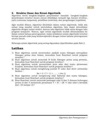 Algoritma dan Pemrograman 1
3
2. Struktur Dasar dan Notasi Algoritmik
Algoritma berisi langkah-langkah penyelesaian masalah. Langkah-langkah
penyelesaian tersebut secara umum dibedakan menjadi tiga macam struktur,
yaitu runtunan (sequence), pemilihan (selection), dan pengulangan (repetition).
Agar mudah dibaca, algoritma dituliskan dalam notasi algoritmik, tidak ada
notasi yang standar untuk menuliskan algoritma, kita dapat menuliskan
algoritma dengan notasi sendiri, karena teks algoritma tidak sama dengan teks
program komputer. Namun, agar notasi algoritmik mudah ditranslasikan ke
dalam notasi bahasa pemrograman, maka sebaiknya notasi algoritmik tersebut
berupa pseudo-code yang berkoresponden dengan notasi bahasa pemrograman
secara umum.
Beberapa notasi algoritmik yang sering digunakan diperlihatkan pada Bab 3.
Latihan
1) Buat algoritma untuk menentukan apakah suatu bilangan merupakan
bilangan prima atau bukan, kemudian buat flowchart untuk program
tersebut !
2) Buat algoritma untuk mencetak N buah bilangan prima yang pertama,
kemudian buat flowchart untuk program tersebut !
3) Buat algoritma untuk menentukan jenis akar dari suatu persamaan
kuadrat, kemudian buat flowchart untuk program tersebut !
4) Buat algoritma untuk menghitung jumlah N suku dari deret aritmatika
berikut :
Sn = 3 + 7 + 11 + …… + (4n-1)
5) Buat algoritma untuk menghitung nilai faktorial dari suatu bilangan,
kemudian buat flowchart untuk program tersebut !
6) Buat flowchart untuk mencetak pasangan nilai X dan Y dimana hubungan
antara X dan Y memenuhi persamaan Y = X3 – 2X +1 dan nilai x berubah
dari –10 sampai 10 !
 