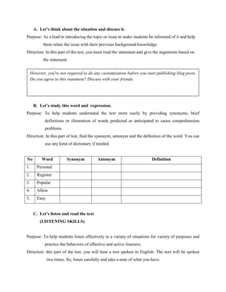 A. Let’s think about the situation and discuss it.
Purpose: As a lead in introducing the topic or issue to make students be informed of it and help
them relate the issue with their previous background knowledge.
Direction: In this part of the test, you must read the statement and give the arguments based on
the statement.
However, you're not required to do any customization before you start publishing blog posts.
Do you agree to this statement? Discuss with your friends.

B. Let’s study this word and expression.
Purpose: To help students understand the text more easily by providing synonyms, brief
definitions or illustration of words predicted or anticipated to cause comprehension
problems.
Direction: In this part of test, find the synonym, antonym and the definition of the word. You can
use any kind of dictionary if needed.

No

Word

1.

Popular

4.

Allow

5.

Definition

Register

3.

Antonym

Personal

2.

Synonym

Easy
C. Let’s listen and read the text
(LISTENING SKILLS)

Purpose: To help students listen effectively in a variety of situations for variety of purposes and
practice the behaviors of effective and active listeners.
Direction: this part of the test, you will hear a text spoken in English. The text will be spoken
two times. So, listen carefully and take a note of what you have.

 