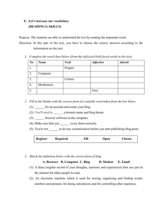 E. Let’s increase our vocabulary
(READING G SKILLS)

Purpose: The students are able to understand the text by reading the important word.
Direction: In this part of the text, you have to choose the correct answers according to the
information on the text.
1. Complete the word chart below (from the italicized-bold faced words in the text).
No

Noun

1.
2.

Adjective

Adverb

Prepare
Computer

3.
4.

Verb

Correct
Moderation

5.

Easy

2. Fill in the blanks with the correct form of a suitable word taken from the box below.
(1). ______ for an account and create your blog.
(2). You'll need to ______ a domain name and blog theme.
(3). ______ browser software in the computer.
(4). Make sure that you ______ every form correctly.
(5). You're not ______ to do any customization before you start publishing blog posts
Register

Required

Fill

Open

Choose

3. Match the definition below with the correct form of blog.
A. Browser B. Computer C. Blog

D. Modem

E. Email

(1). A diary (regular record of your thoughts, opinions and experiences) that you put on
the internet for other people to read.
(2). An electronic machine which is used for storing, organizing and finding words,
numbers and pictures, for doing calculations and for controlling other machines.

 