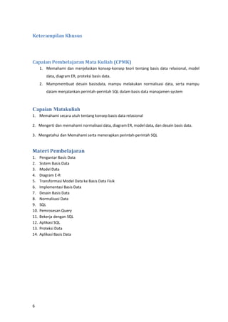 6
Keterampilan Khusus
Capaian Pembelajaran Mata Kuliah (CPMK)
1. Memahami dan menjelaskan konsep-konsep teori tentang basis data relasional, model
data, diagram ER, proteksi basis data.
2. Mampmembuat desain basisdata, mampu melakukan normalisasi data, serta mampu
dalam menjalankan perintah-perintah SQL dalam basis data manajamen system
Capaian Matakuliah
1. Memahami secara utuh tentang konsep basis data relasional
2. Mengerti dan memahami normalisasi data, diagram ER, model data, dan desain basis data.
3. Mengetahui dan Memahami serta menerapkan perintah-perintah SQL
Materi Pembelajaran
1. Pengantar Basis Data
2. Sistem Basis Data
3. Model Data
4. Diagram E-R
5. Transformasi Model Data ke Basis Data Fisik
6. Implementasi Basis Data
7. Desain Basis Data
8. Normalisasi Data
9. SQL
10. Pemrosesan Query
11. Bekerja dengan SQL
12. Aplikasi SQL
13. Proteksi Data
14. Aplikasi Basis Data
 